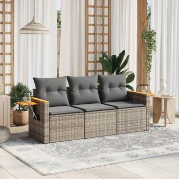 3-Piece Grey Poly Rattan Garden Sofa Set with Cushions