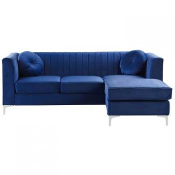 Sofá esquinero tapizado en terciopelo azul 3 plazas glamour forma de L versión izquierda con cojines adicionales Timra