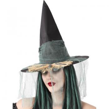 Sombrero de Bruja con Velo y Diseño Hechicero para Fiestas - Tamaño 38x55 cm