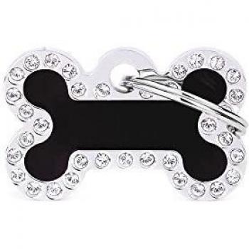 My Family Placa de Identificación personalizado para perro Made in Italy, Hueso Pequeño Rhinestone Negro, Placa de identificación de Perro Grabada Gratis, Esmaltado a Mano, Colección Glam
