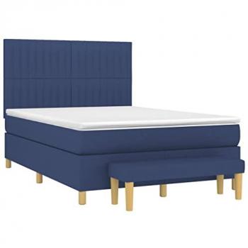 Cama Box Spring con Colchón Viscoelástico de Espuma, Protector, Muelles Ensacados, Adaptable, Acolchado Reversible, Tela Azul 140x190 cm