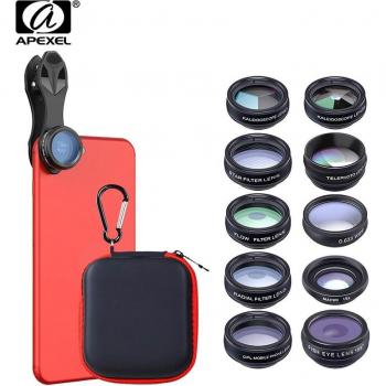 Kit de Lentes para Smartphone APEXEL 10 en 1: Ojo de Pez, Macro, Gran Angular, Filtro CPL, Caleidoscopio y Lente Telescópica 2X