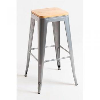 Pack 4 Taburetes Altos Torix Madera Natural y Gris Metalizado, Acero Reforzado