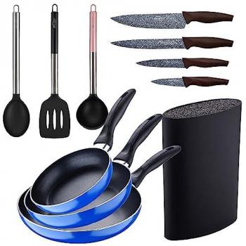 Set de Sartenes Antiadherentes de Aluminio Prensado (16+20+24 cm) con Utensilios de Cocina de Nylon y Cuchillos de Acero Inoxidable, Azul Paradise