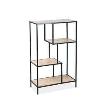 Estantería asimétrica de metal negro y madera, 4 niveles, efecto madera, dimensiones 69x33x113.5 cm