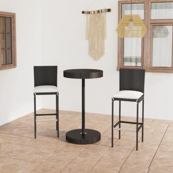 3-Piece Black Poly Rattan Garden Bar Set with Cushions