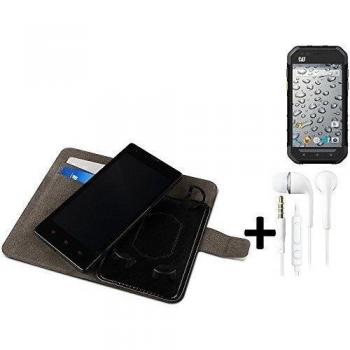 TOP SET: Funda para el Caterpillar Cat S30 + auriculares, Walletcase hecho de cuero sintético en negro, monocromático y simple. Bolsillo para el teléfono móvil con ranuras para tarjetas de crédito y la función del soporte. BookStyle bisagras de la m
