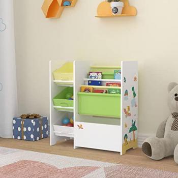 Estantería Infantil Organizador de Libros y Juguetes Motivo Dinosaurio con 3 Cajas Aglomerado/Tela 60 x 65 x 30 cm Multicolor