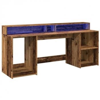 Escritorio con LED de madera ingeniería envejecida 200x55x91 cm Marrón