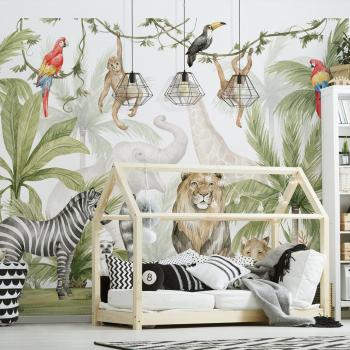 Jungle Safari Wallpaper Mural - Multicolour, Walltastic 6 Piece Jungle Safari 3m x 2.4m Wall Mural White;Green 304.8cm L X 244cm W, Walltastic Jungle