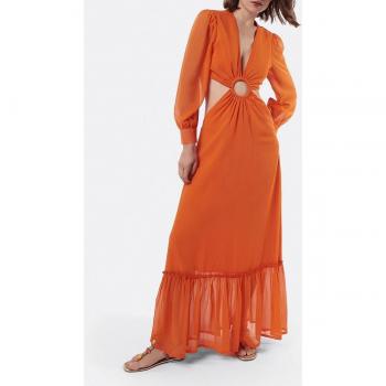 Vestido midi naranja con aro delantero en gasa y diseño elegante