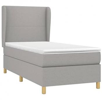 Cama box spring con colchón tela gris claro 90x200 cm, características: incluye colchón viscoelástico, espuma, protector, muelles ensacados, adaptable, acolchado reversible