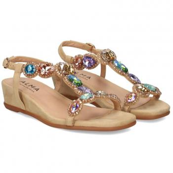 Alma Blue Sandalias Cuña Mujer - Beige Talla 36 con puntera cuadrada y detalles de pedrería