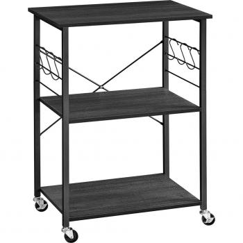 Estantería de Cocina VASAGLE con Ruedas, Carrito de Servicio de 3 Niveles, Marco de Metal Industrial con 6 Ganchos, Gris y Negro/Marrón Rústico