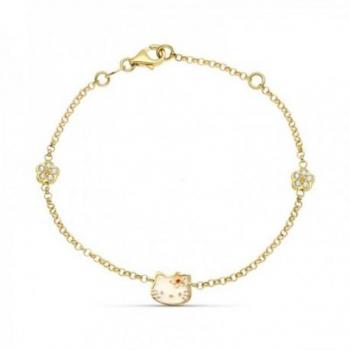 Pulsera de oro 18k para niña con detalle de gato esmaltado, circonitas, flores y cierre mosquetón.