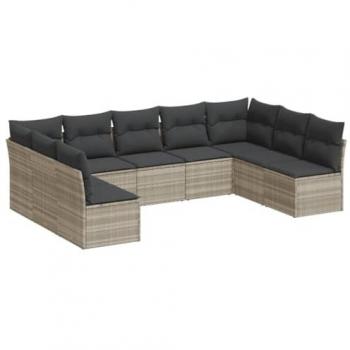Set de Muebles de Jardín 9 Pzas con Cojines de Ratán Sintético Gris Claro