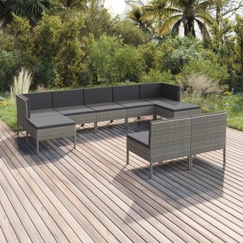 9-Piece Grey Poly Rattan Garden Lounge Set with Cushions