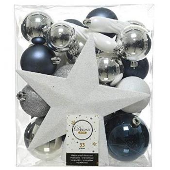 Bolas de Navidad Decoris 33 Piezas Plástico, Accesorios para Árbol en colores Azul, Blanco y Plata, Paquete de 33 unidades, dimensiones 12 x 20 x 5 cm