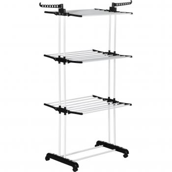 HOMCOM Tendedero de Ropa Plegable con Ruedas 3 Niveles Alas Plegables Colgadores Acero 73x64x177 cm Negro y Blanco