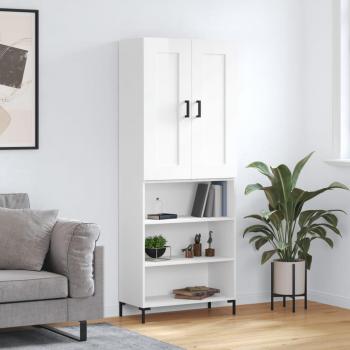 Aparador alto de madera contrachapada blanco brillo 69,5x34x180 cm con 3 estantes, mueble de almacenaje para salón, buffet y armario auxiliar