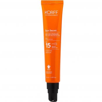 Korff Sun Secret Face Fluid SPF15 50ml - Fluido facial protector solar con factor de protección 15, fórmula ligera y no grasa, ideal para uso diario, resistente al agua, hipoalergénico y adecuado para todo tipo