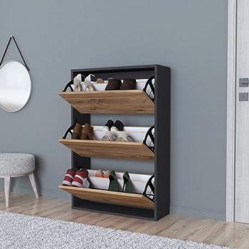 Zapatero Aurskog Slim 3 Puertas Abatibles Capacidad 18 Pares Aglomerado 110 x 74 x 24 cm - Antracita y Efecto Roble
