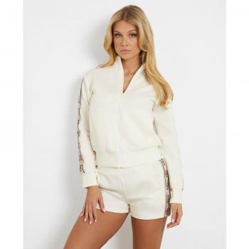 Guess Side Logo Tape Sweatshirt - Women's Regular Fit Zip Hoodie in Écru