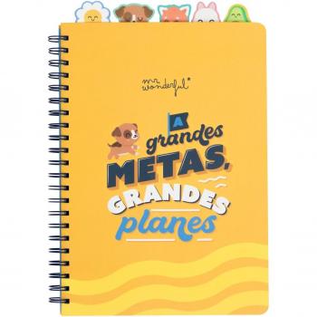 Libreta A4 con pestañas Mr Wonderful: A grandes metas, grandes planes, tamaño 21x29 cm, incluye pestañas para organización, diseño colorido y motivacional