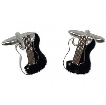 Gemelos Metálicos Guitarra Cortada 19 Mm Plateados Esmalte Negro Blanco y Gemelos Oro Blanco 18k Ovales 18mm con Bandas Laterales Lisas - Estilo Único