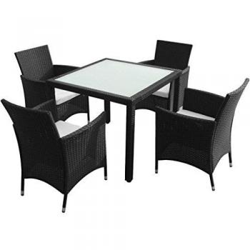5-Piece Black Poly Rattan Outdoor Dining Set with Cushions