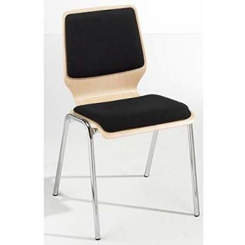 Silla de carcasa de madera Nuki, acolchada, estructura cromada, paquete de 4 unidades, tapizado negro