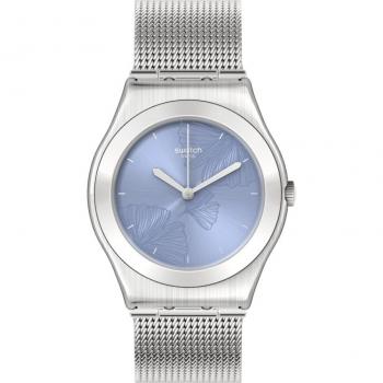 Swatch - Reloj cielo azul con correa color gris de acero inoxidable.