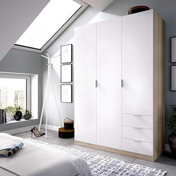 HOMEKIT Armario ropero de 3 Puertas y 3 cajones, Gran Capacidad, Natural/Blanco, 121x184x52 cm