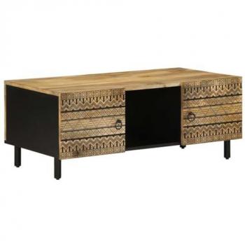 Mesa de centro madera maciza de mango rugosa negro 100x54x40 cm