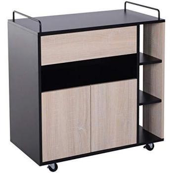 Carro de cocina HOMCOM con ruedas, armario multialmacén, doble puerta, 3 estantes, hornacina y cajón en paneles de aglomerado color roble negro