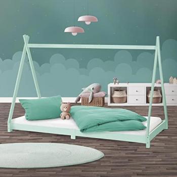 Cama Infantil Tipi 90x200 cm Estructura de Madera de Pino Color Menta con Somier para Juegos y Aventuras