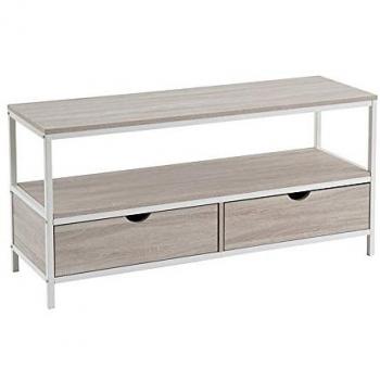 Mueble TV nórdico de acero y madera MDF en blanco y natural con 2 cajones, dimensiones 120x39x57 cm