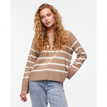 Suéter de Cuello Redondo para Mujer Pieces PCSIA LS Knit Noos BC - Talla XL, Color Moka Plateado con Rayas Blancas