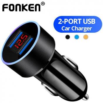 Cargador de coche FONKEN 3.1A USB, 2 puertos, con pantalla LED, carga rápida automática, adaptador universal Micro tipo C negro