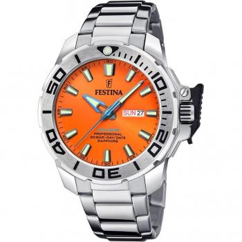 Reloj Festina The Originals F20665/5 para Hombre, Diver, Caja y Correa de Acero Inoxidable 316L Plateado, Esfera Naranja