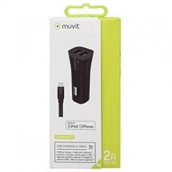 Cargador de Auto Móvil 2USB con Cable USB/Lightning 1m Negro