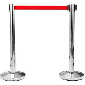 Barrera de cinta tipo aeropuerto con soportes de acero plateado, cinta extraíble y diseño portátil