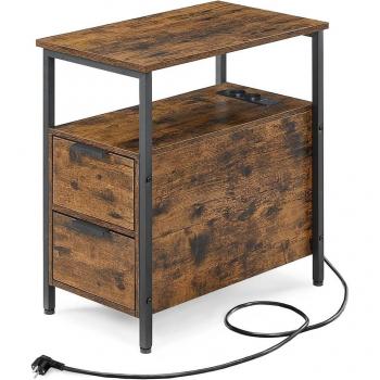 Mesa Auxiliar Multifuncional con Multienchufe, Diseño Compacto, 2 Cajones, Ideal como Mesita de Noche, Almacenamiento Adicional para Salón y Dormitorio, Disponible en Gris Ahumado o Marrón