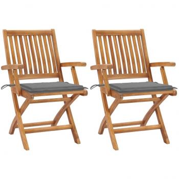 Teak Wood Garden Chairs Set of 2 with Gray Cushions