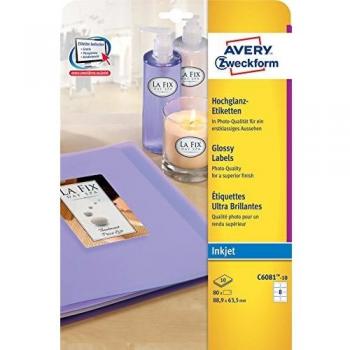 Etiquetas Glossy Avery Zweckform 88,9 x 63,5 mm para Inkjet - Paquete de 80 etiquetas (10 hojas)