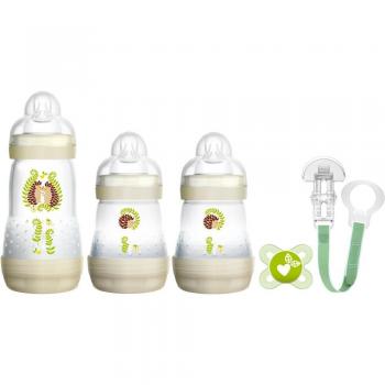 Set de Regalo Unisex MAM Bienvenida al Mundo: Incluye 3 Biberones, Chupete para 0-2 Meses y Clip para Chupete - Accesorios para Bebés Nuevos en Color Gris