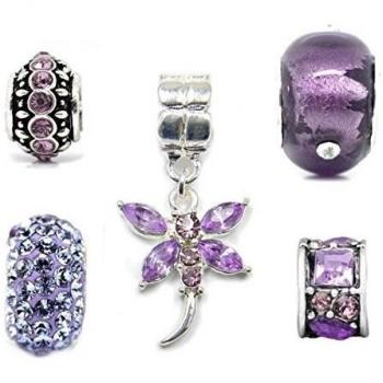 Juego de 5 charms de plata de color morado para pulseras con charms de estilo Pandora Troll Chamilia, Truly Charming