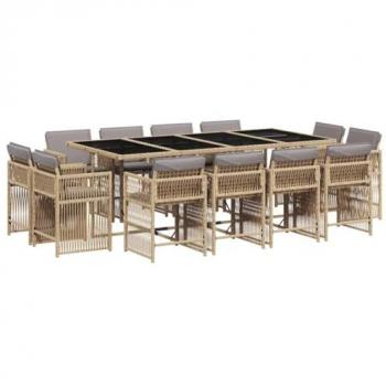 Set comedor de jardín con cojines 13 pzas ratán sintético beige