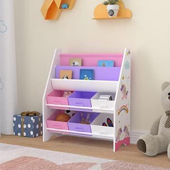 Estantería para Niños Ponteceso con Motivo de Unicornio y 6 Cajas Organizadoras Aglomerado/Tela 74 x 62 x 27 cm Multicolor
