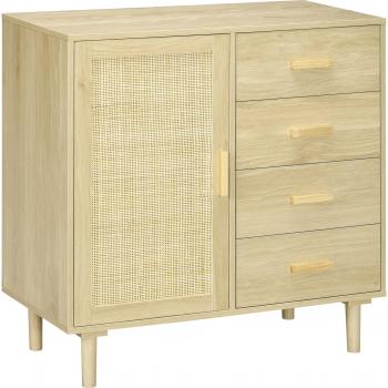 Aparador de Salón Estilo Boho Buffet con Puerta de Ratán 4 Cajones Patas de Madera de Pino 80x38x80,5 cm Natural